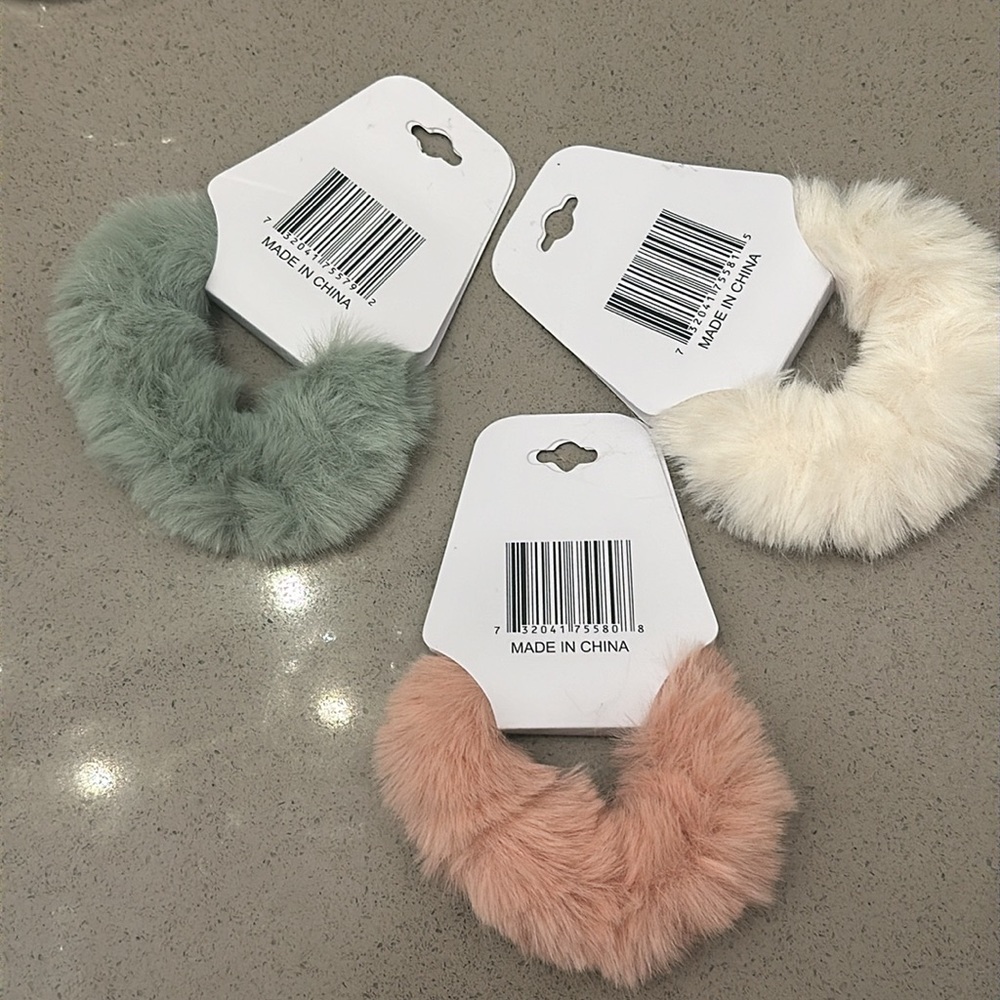NEW Assorted 3 fuzzy Pom-Pom hair scrunchies Green, Pink & white TRIO - Picture 2 of 2